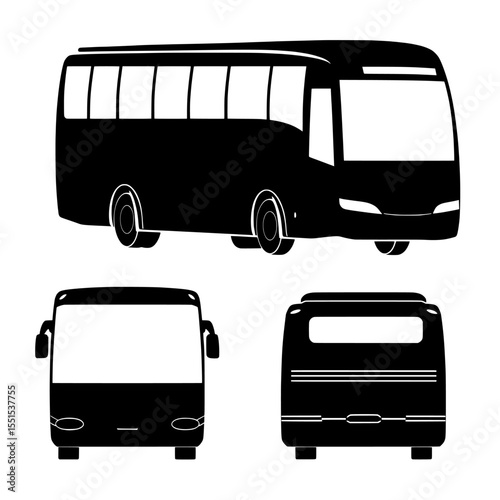 Vehicle icons of a tourist bus are displayed from the side, front, and back on a white background in silhouette form