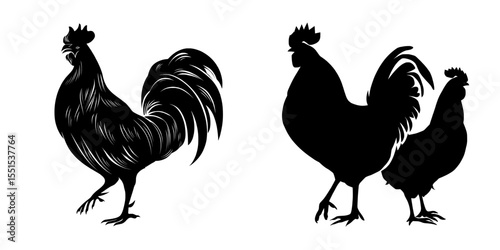 The modern silhouette of a rooster and hen is showcased in a flat farm animal illustration, with modern images isolated against a white background