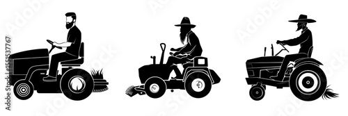 A farmer with a beard is riding a lawn mower tractor, depicted in a flat modern illustration as a silhouette isolated on a white background
