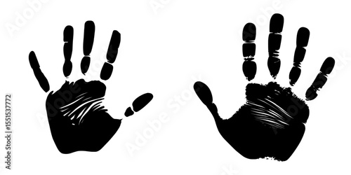 The modern icon of a human palm is depicted in black ink with a grunge-style handprint, isolated on a white background to create an abstract symbol