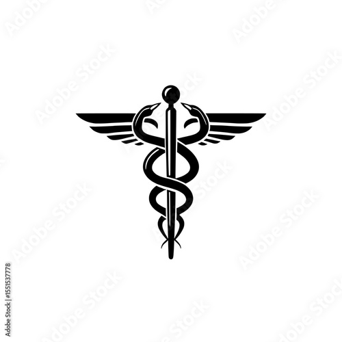 The medical logo icon known as the Caduceus is depicted in modern Eps style, isolated on white