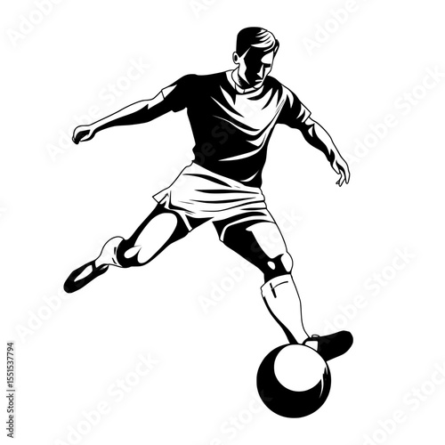 A football player kicking a ball is depicted in a continuous line art drawing style, set against a white background as a modern illustration of a soccer game in black linear sketch