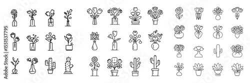 A set of minimal modern illustrations featuring flowers, including roses and tulips in a vase, fruit bouquets, spring blossoms, and cacti, designed as simple outline signs for a flower delivery