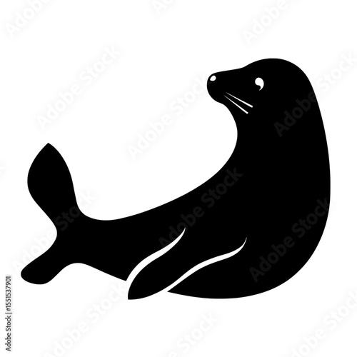 In a modern and flat style, a cute seal is illustrated as a cartoon animal in black silhouette on a white background