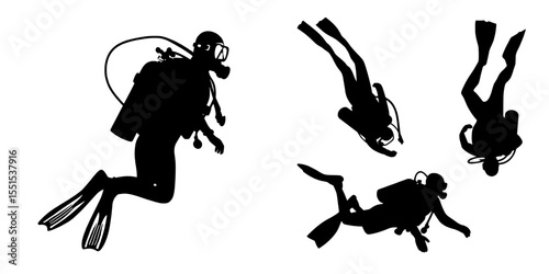 A white background features the black silhouettes of scuba diving and free divers