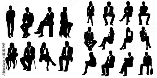 The set features modern silhouettes of men and women, comprising business individuals sitting in a range of poses, with all elements colored black and isolated on white