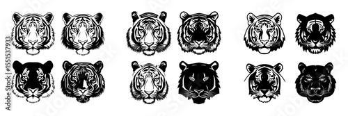 A collection of portraits of predatory wild cats, set of big tigers, and set of wildlife and fauna dwellers are shown in a modern illustration on a white background for a tattoo