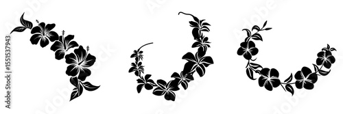 Hawaiian lei necklace made from tropical Allamanda flowers and petals outlined in black on a white background