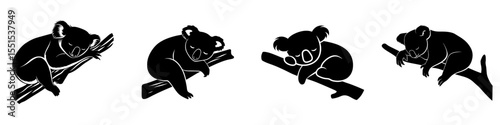 A cartoon koala bear with a black silhouette is depicted sleeping on a wooden branch in a modern flat illustration set against a white background
