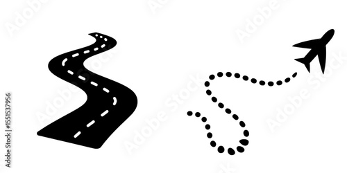 Modern illustration of a travelling symbol with a dotted line path, a dashed trace, and a transportation track, alongside a silhouette