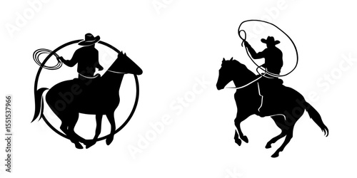 A cowboy on horse with lasso is depicted in silhouette form on a white background for western themes
