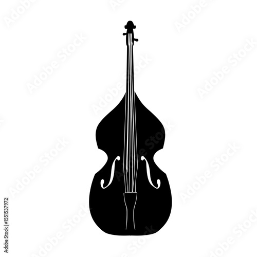 The illustration features a black silhouette of a double bass or cello on a white background in modern stock style