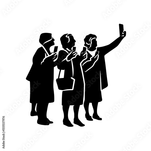 The image features a group of older adults, represented as silhouettes, engaged in activities such as talking and texting on their digital devices, with a particular emphasis on a grandmother