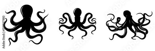 A black octopus silhouette is set against a white background