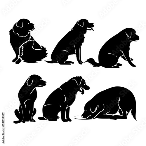 The silhouettes feature a big dog in a range of basic poses, including sitting, lying, profile, standing, front, back, and eating, all modernly isolated on a white background