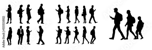 A group of standing and walking businesspeople, including men, women, and children, are shown with smartphones and backpacks in a modern linear sketch with a color scheme of black, gray, and white on