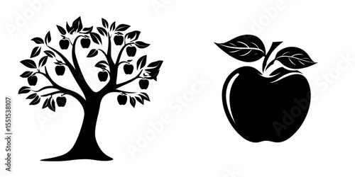 A modern apple tree silhouette is shown isolated on a white background