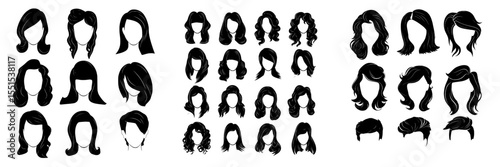 A vast collection of women's and men's haircuts, hairstyles set against a white background