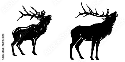 The modern illustration features a silhouette of a standing bull elk that is bugling against a white background