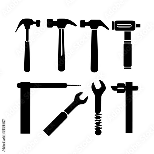 An instrument collection featuring a hammer and turnscrew tools is showcased in a modern illustration as a tool icon set