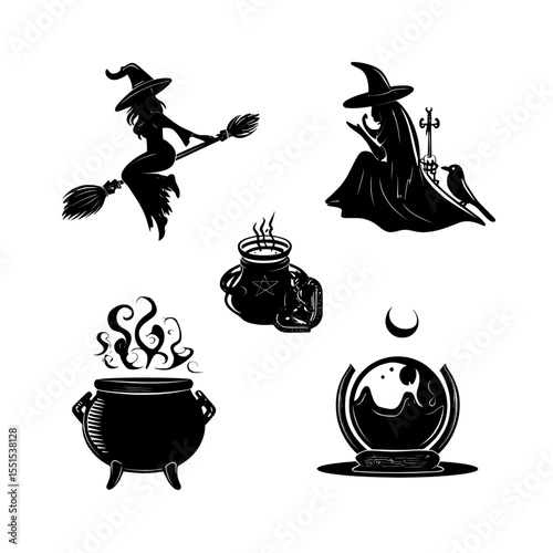 Witch magic elements are highlighted in this modern illustration concept of black witchcraft, which is isolated on white background and features hand drawn collections including a cauldron with