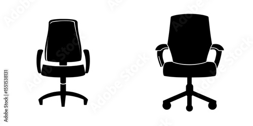 A modern illustration icon pictogram set of an isolated contemporary office chair is presented in front and side view silhouettes on a white background