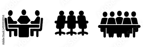 Modern black and white business icon depicting a boardroom meeting