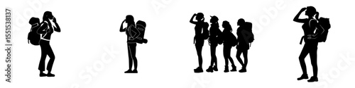 A female tourist wearing a backpack is standing and observing her surroundings, while a young girl gestures to her face, glances upwards, and leans forward, apparently hiking, as four dark female