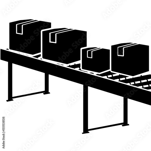 A factory, plant or warehouse scene featuring a conveyor belt with cardboard boxes, depicted in a modern realistic illustration of an automated machine in a production line with product packages