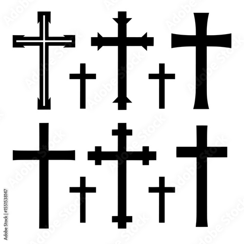 The Christian symbol is depicted through modern illustrations of crosses, set on a white background, featuring a variety of cross silhouettes in a collection