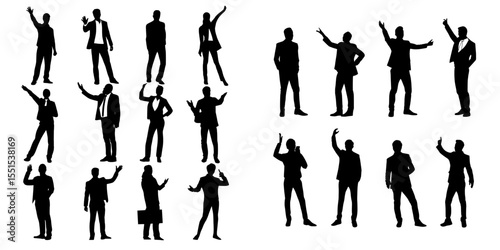 A set of diverse businessman silhouettes are depicted, showcasing enthusiasm and excitement as a fan, interacting with a touchscreen interface, or presenting and extending a welcome, all set against