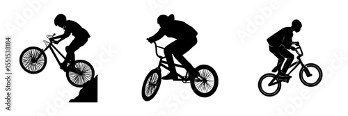 A youthful athlete riding a bike to perform extreme stunts, shown as an isolated silhouette on a white background