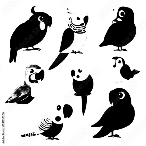 Modern illustration of budgerigars and cartoon tropical winged birds including parakeets with beaks and colored feathers, parrots cockatoo, isolated on white background