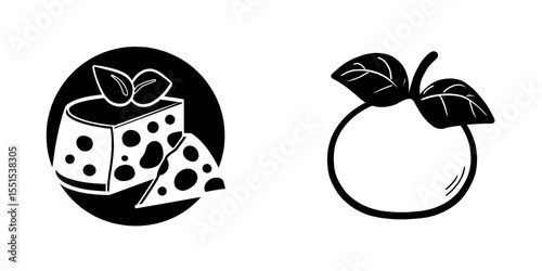 The mozzarella doodle icon comes in both linear and color formats, showcasing a minimalist black illustration of Italian cheese accompanied by basil leaves, designed for use in packaging, as a modern