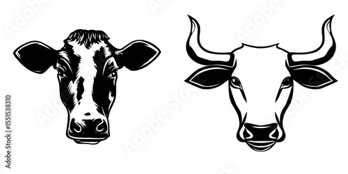 This modern illustration features a cow head depicted in a black line sketch isolated on white