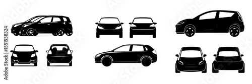 Hatchback car outline on a white background, with vehicle icons shown from the side, front, rear, and top