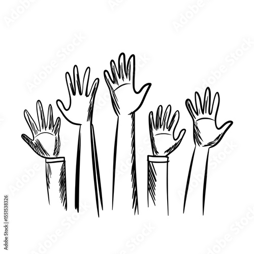 Raised hands are prominently featured in a modern illustration that highlights the themes of teamwork, collaboration, voting, and volunteering at a concert, with the added visual element of
