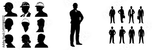 A set of silhouettes of engineers in modern style on a white background, symbolizing industrial people