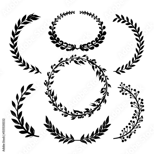 Black laurels are arranged in a modern set that features circular branches, laurel wreaths, and silhouettes of laurel wreaths, commonly found in heraldic trophy crests that blend Greek and Roman