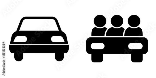 Modern icon representing carpooling and car sharing on a road trip, isolated on a white background