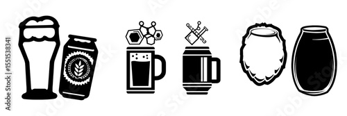 A set of modern elements including two brewery emblems, badges, labels or logos, and a beer can, isolated on a white background