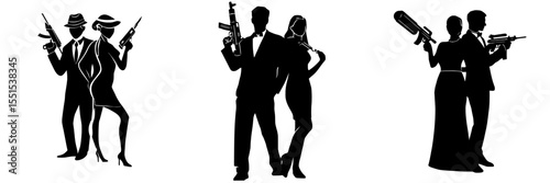 A retro-styled couple, exuding elegance and armed with a submachine gun, stands out against a plain white backdrop in a classic film noir setting