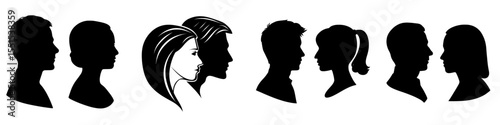 Modern illustrations of male and female head silhouettes are available as part of an avatar icons set, which also includes a profile icon