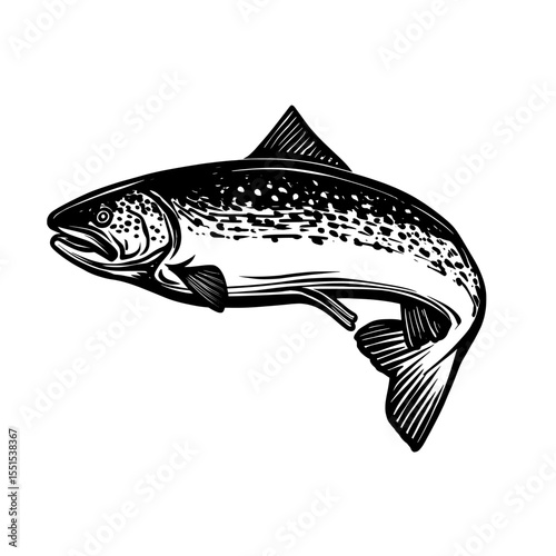 This illustration is a hand-drawn, modern sketch of a trout, presented in a vintage engraving style on a white background