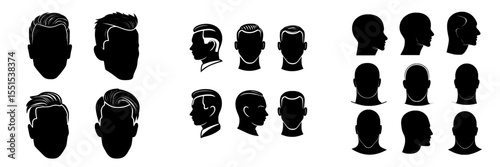 A modern illustration features a set of human head icons and guidelines for barbers, hair salons, and fashion, all presented on a white background with the head shown in different angles