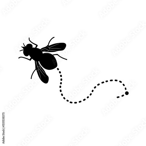 A modern illustration of flies, featuring one insect flying along a dotted path, is showcased as an icon set against a plain white background