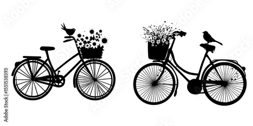 A romantic bike is depicted in a modern graphic illustration, with its city bicycle silhouette accompanied by a bird and a wicker basket overflowing with yellow flowers, all on a white background