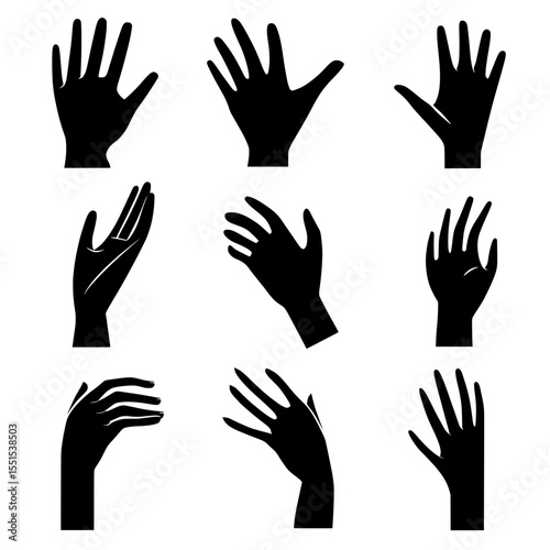 The illustration features a collection of women's hands in different gestures and situations, shown as silhouettes against a white background in a contemporary style