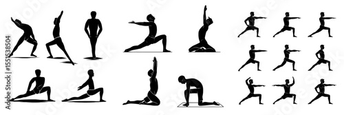 A set of yoga asanas is depicted through hand-drawn sketches of male silhouettes exercising, presented as a modern illustration isolated on a white background