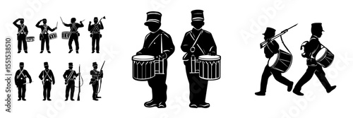 Drummer boys and a soldier from the American Civil War are depicted in black silhouette on a white background